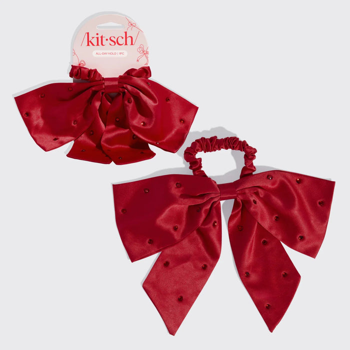 Satin & Rhinestone Bow Scrunchie - Red