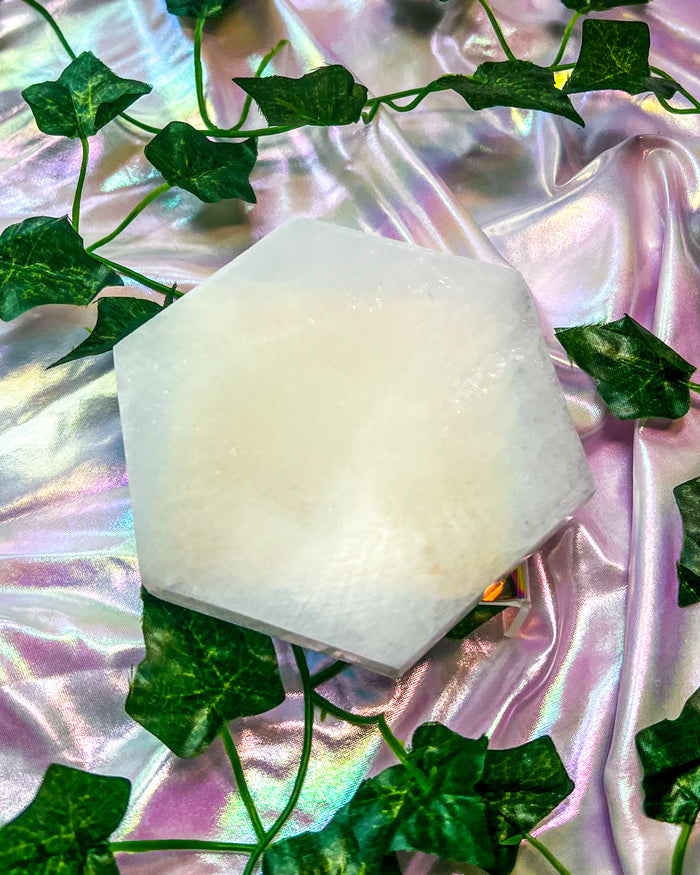 Satin Spar {Selenite} Hexagon Charging Plate ~ 4 inches