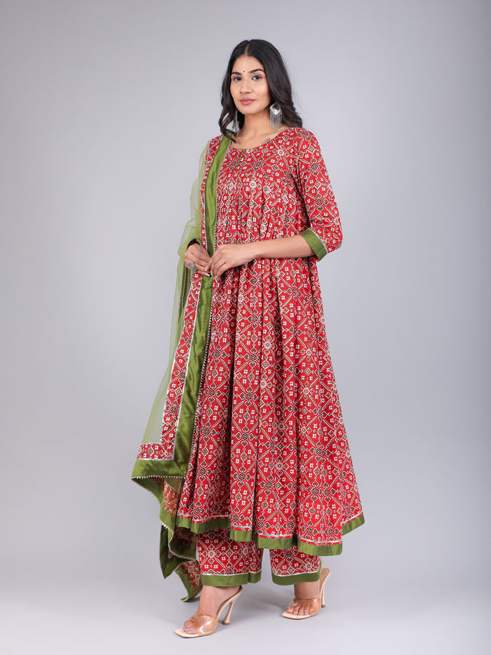 Scarlet Green Bandhani Print Anarkali Set