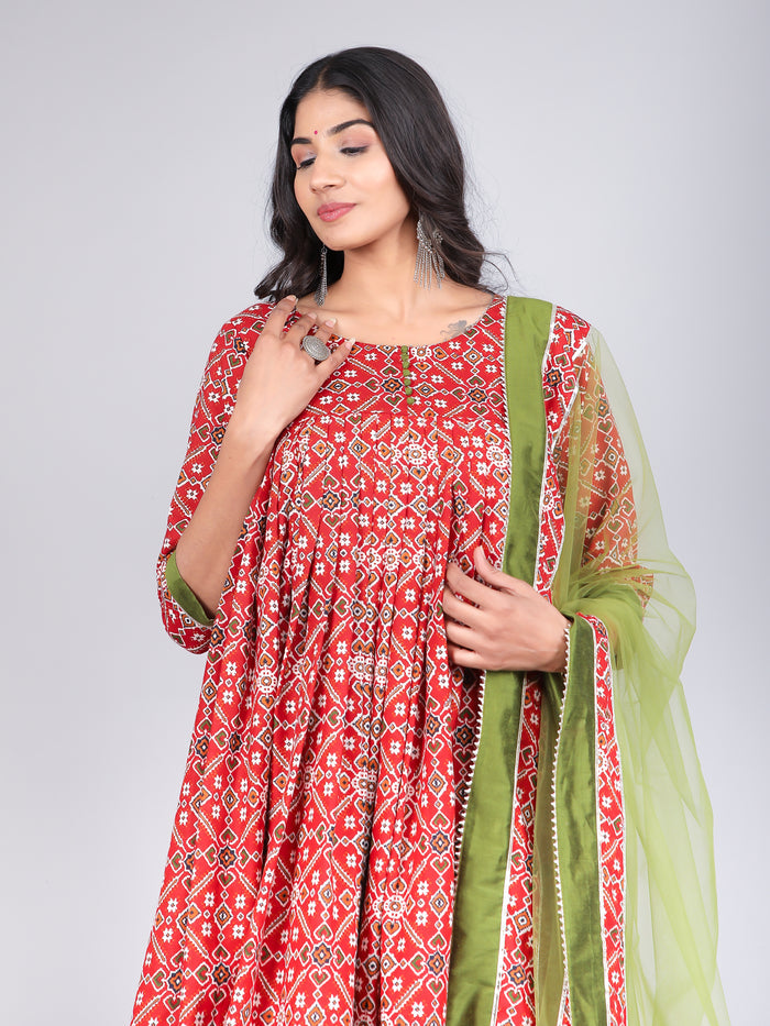Scarlet Green Bandhani Print Anarkali Set
