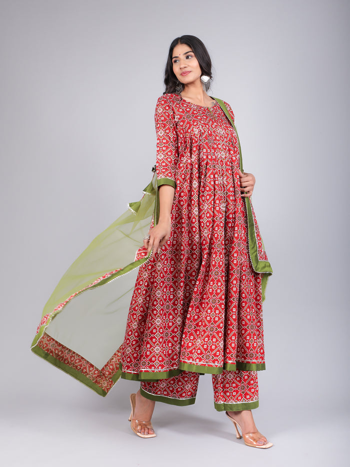 Scarlet Green Bandhani Print Anarkali Set