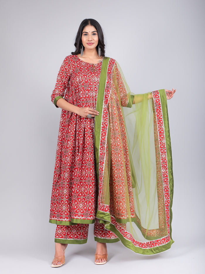 Scarlet Green Bandhani Print Anarkali Set