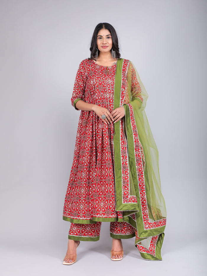 Scarlet Green Bandhani Print Anarkali Set