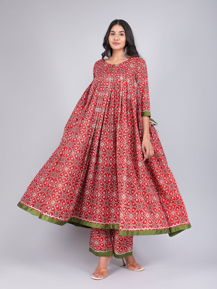 Scarlet Green Bandhani Print Anarkali Set