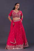 <img> Scarlet Red Chinon Georgette Embroidered Lehenga Set