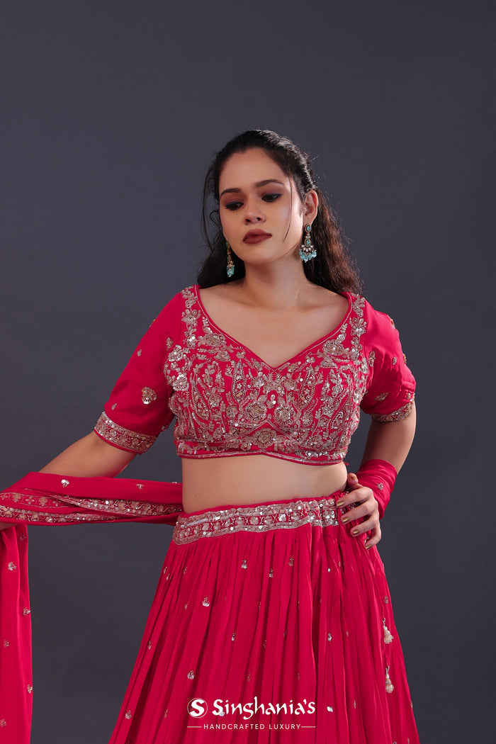 <img> Scarlet Red Chinon Georgette Embroidered Lehenga Set