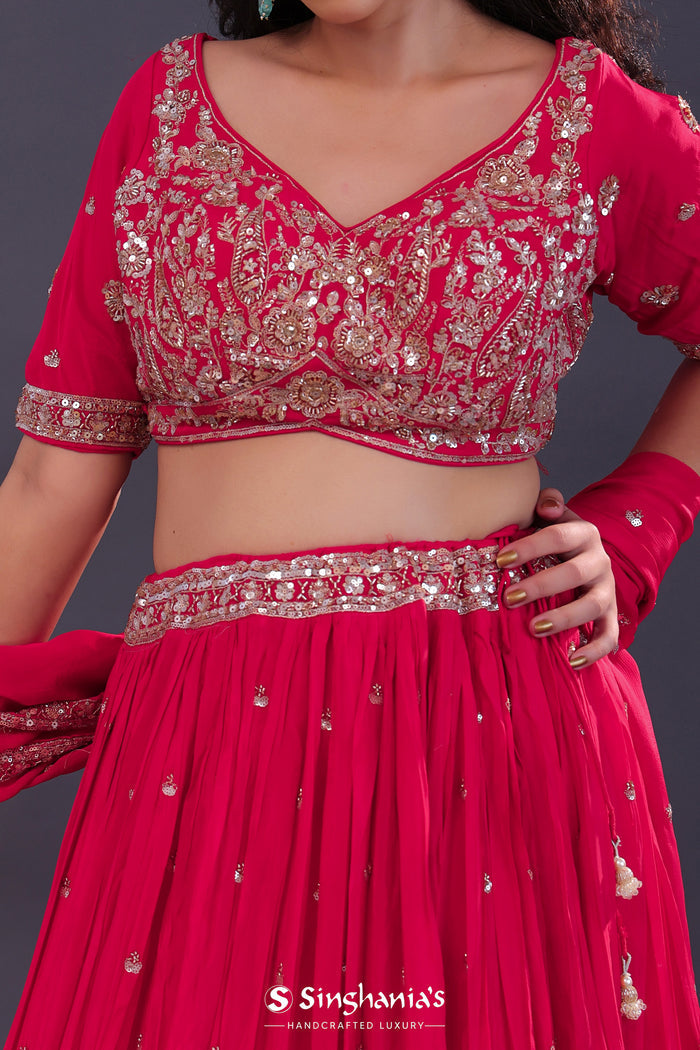<img> Scarlet Red Chinon Georgette Embroidered Lehenga Set