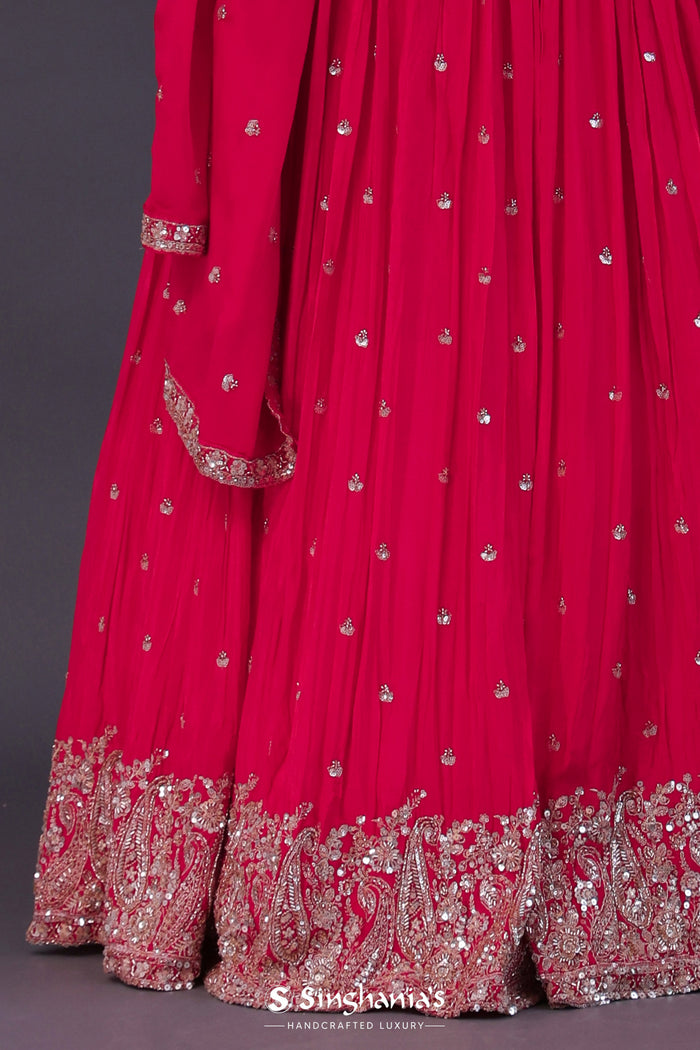 <img> Scarlet Red Chinon Georgette Embroidered Lehenga Set