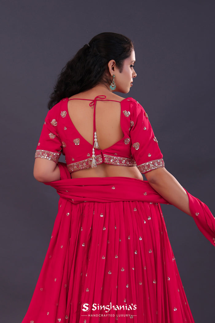 <img> Scarlet Red Chinon Georgette Embroidered Lehenga Set