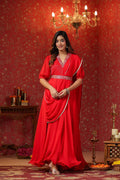 Scarlet Red Crepe Belt Draped Solid Dupatta Dress