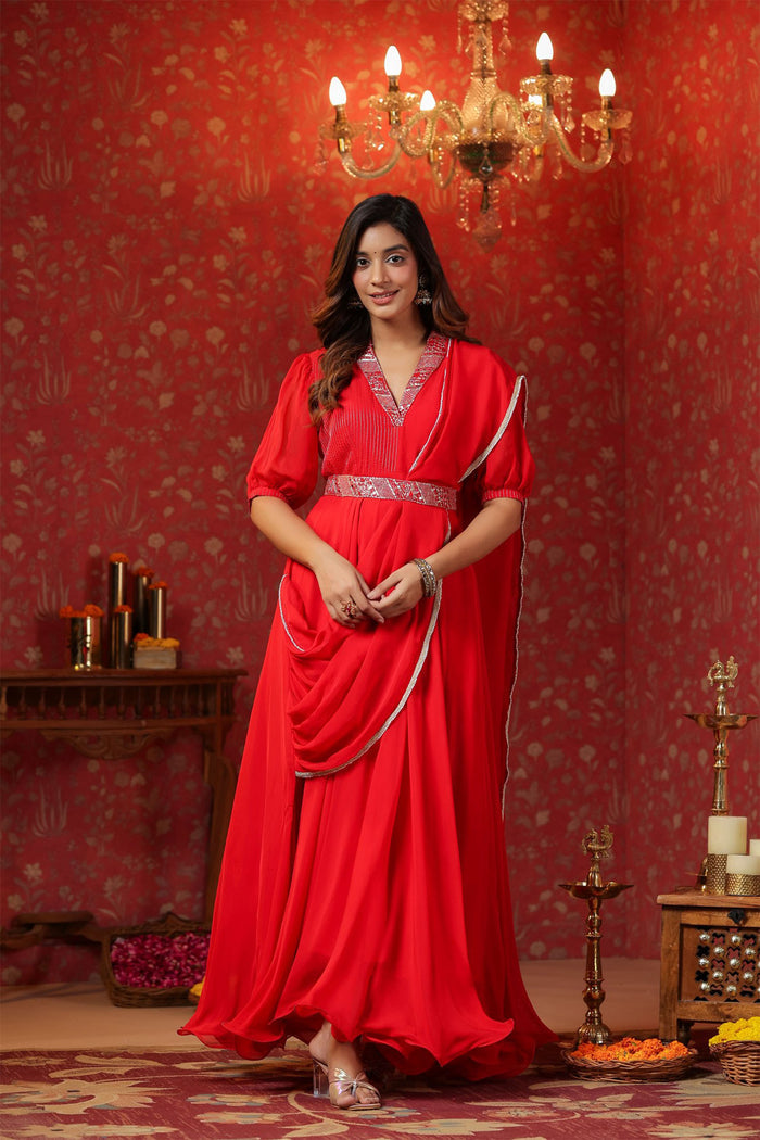 Scarlet Red Crepe Belt Draped Solid Dupatta Dress