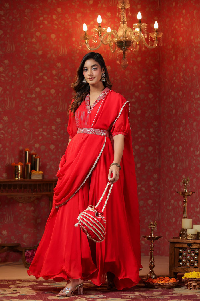 Scarlet Red Crepe Belt Draped Solid Dupatta Dress