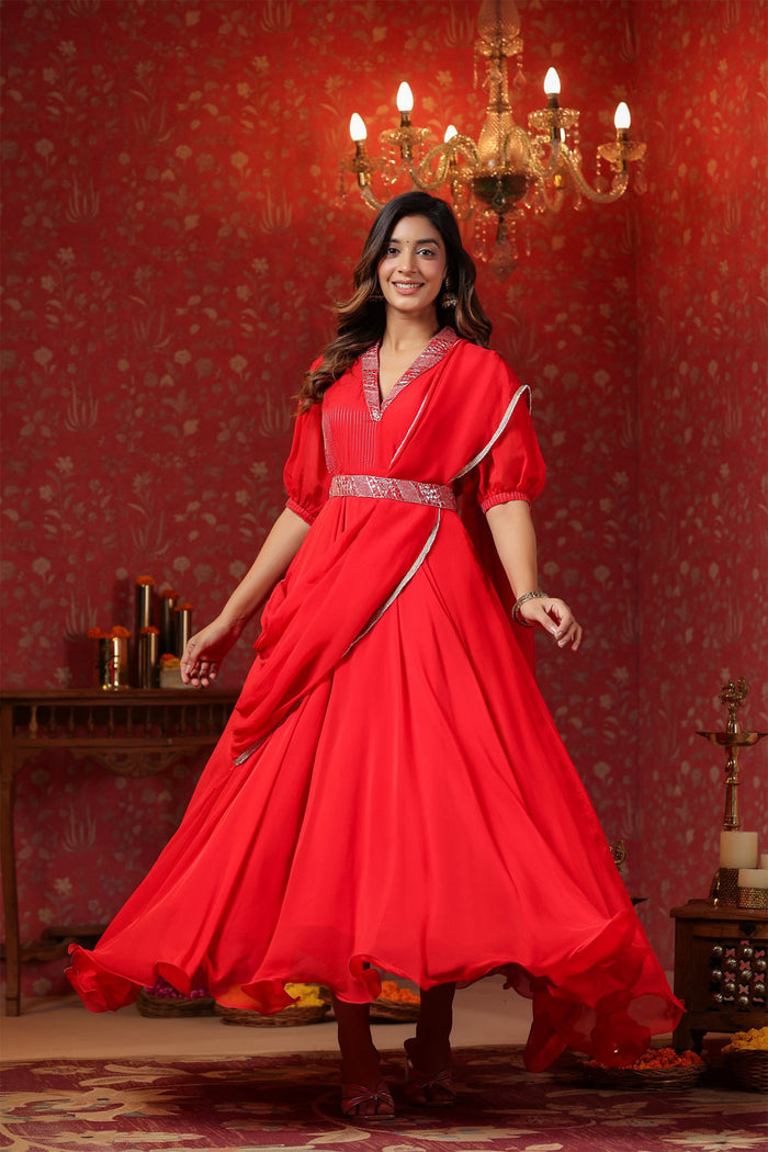 Scarlet Red Crepe Belt Draped Solid Dupatta Dress