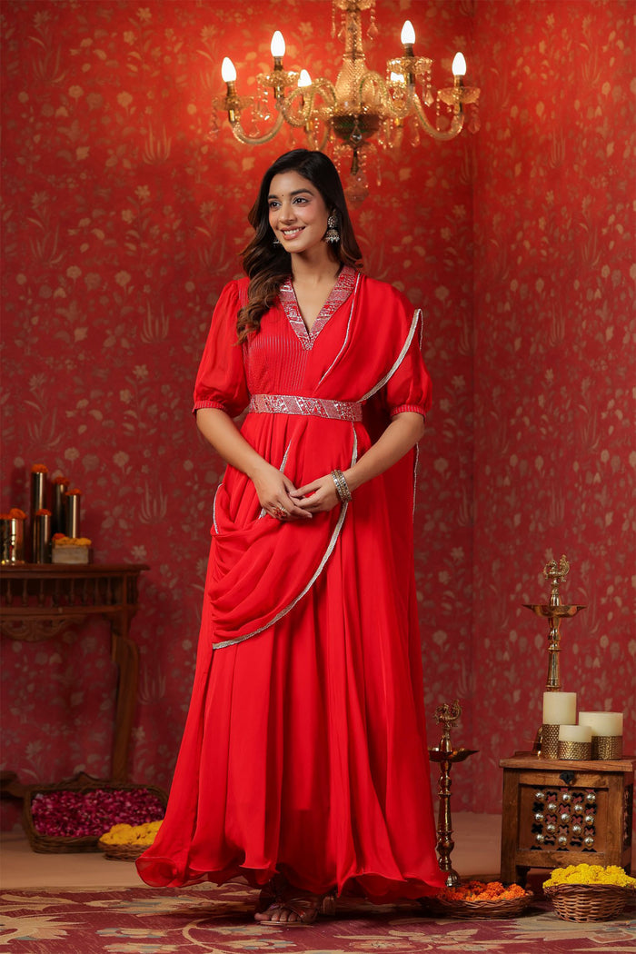 Scarlet Red Crepe Belt Draped Solid Dupatta Dress