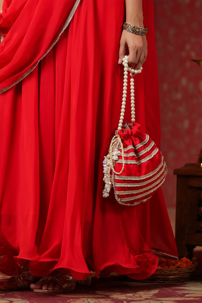 Scarlet Red Crepe Belt Draped Solid Dupatta Dress