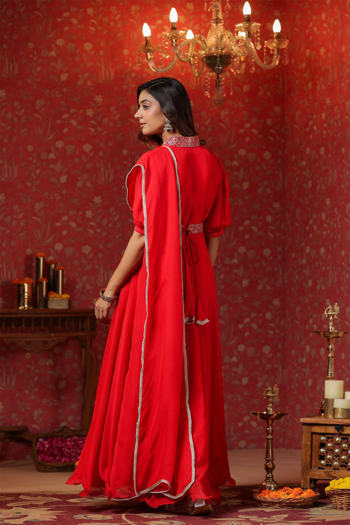 Scarlet Red Crepe Belt Draped Solid Dupatta Dress