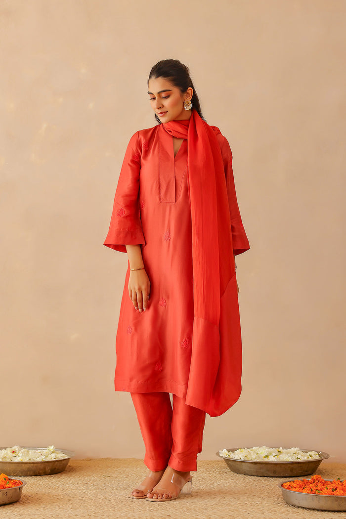 Scarlet Red Russian Silk Subtle Embroidered Kurti Set