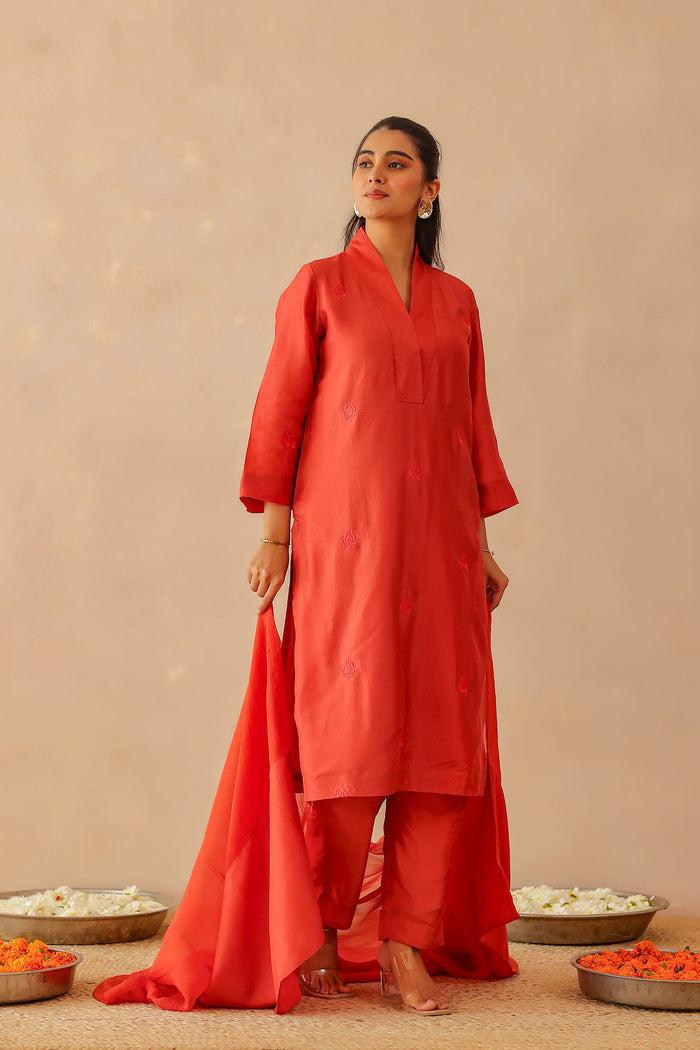 Scarlet Red Russian Silk Subtle Embroidered Kurti Set