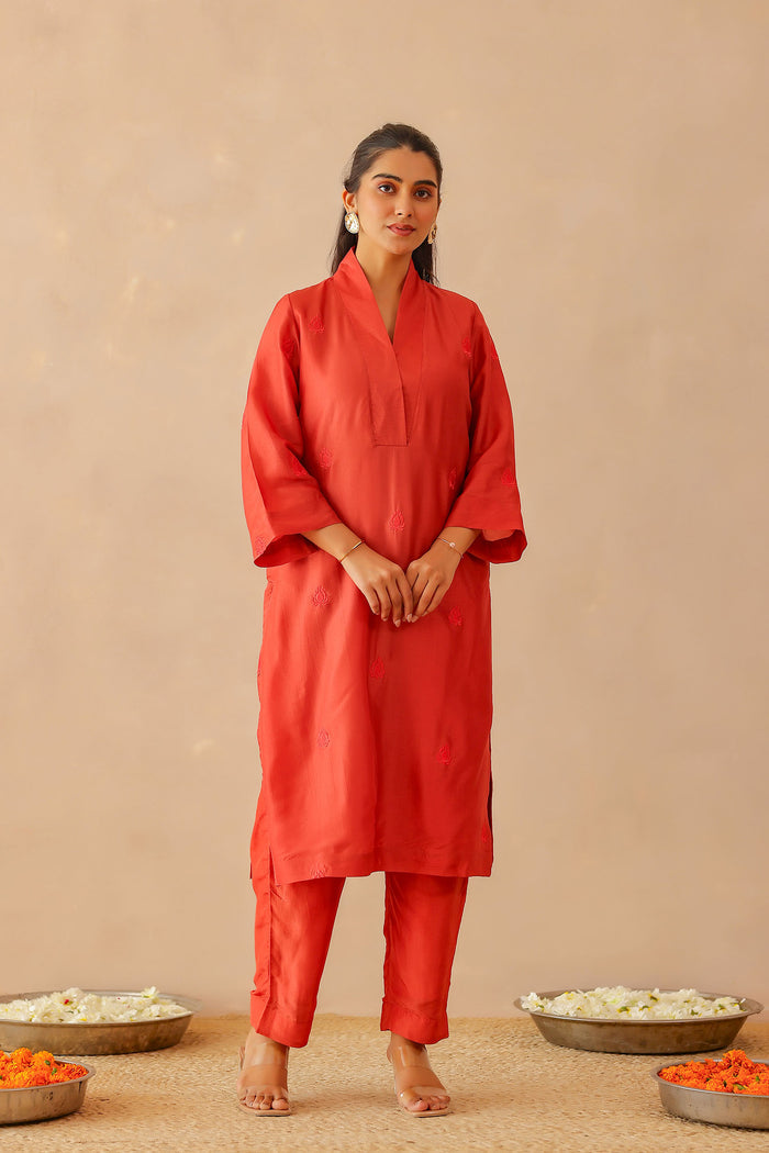 Scarlet Red Russian Silk Subtle Embroidered Kurti Set