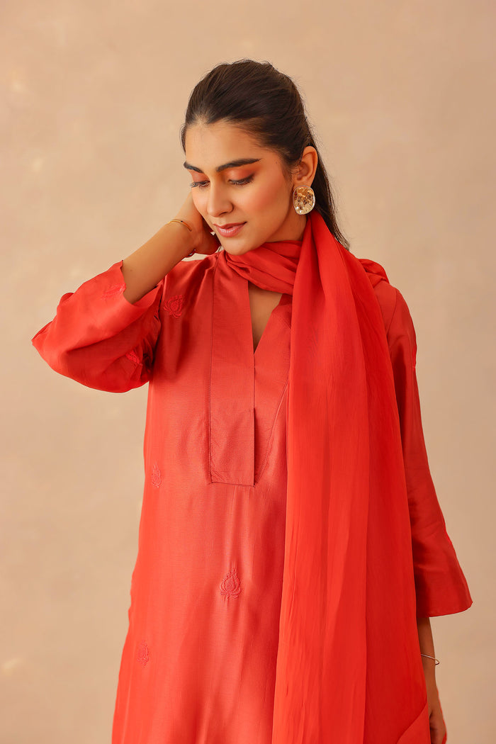 Scarlet Red Russian Silk Subtle Embroidered Kurti Set