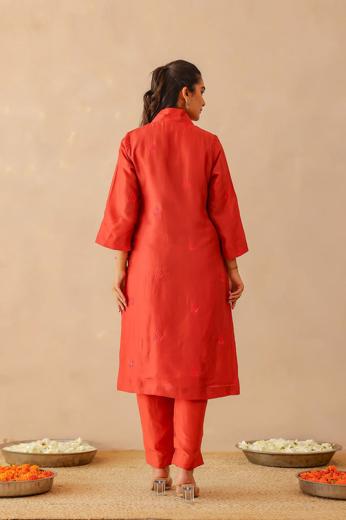 Scarlet Red Russian Silk Subtle Embroidered Kurti Set