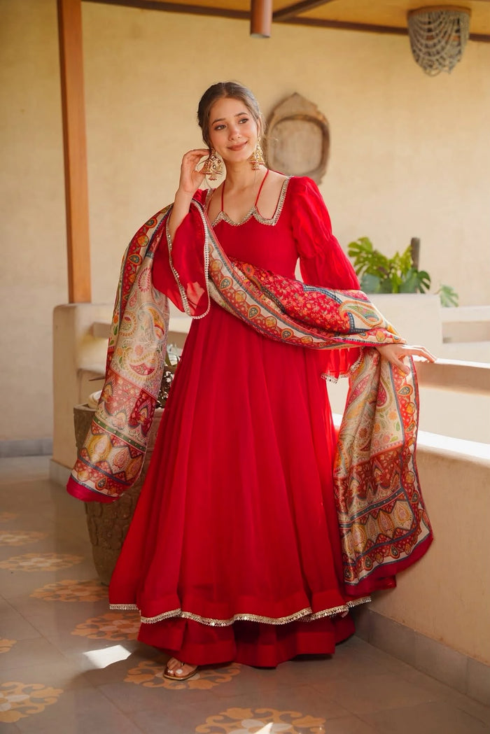 Scarlet Red Silk Anarkali With Scalloped Neckline