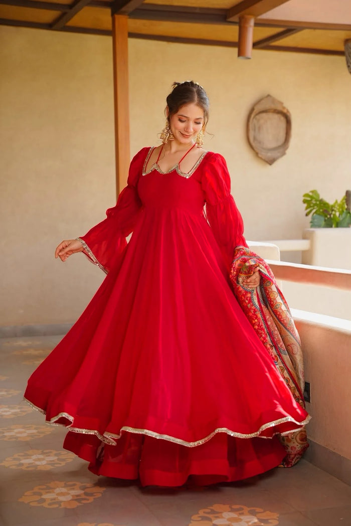 Scarlet Red Silk Anarkali With Scalloped Neckline