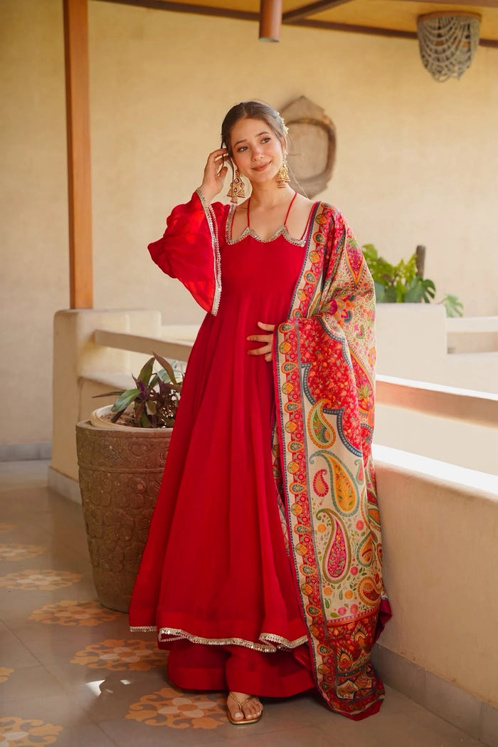 Scarlet Red Silk Anarkali With Scalloped Neckline