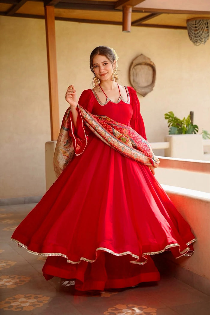Scarlet Red Silk Anarkali With Scalloped Neckline