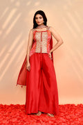Scarlet Red Tissue Silk Indo-Western Set