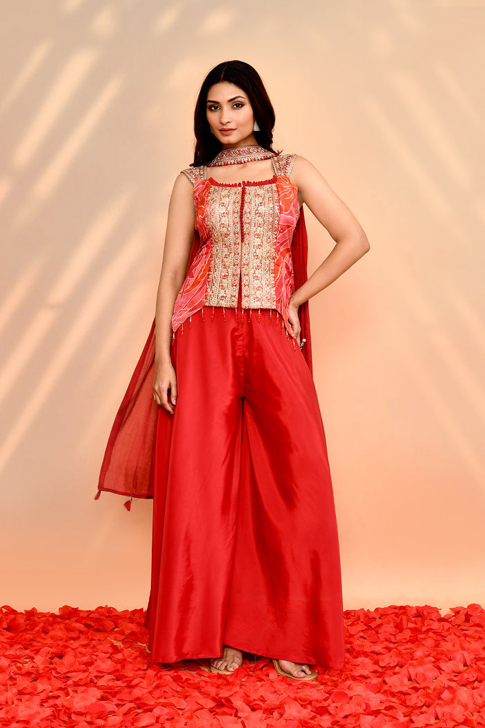 Scarlet Red Tissue Silk Indo-Western Set