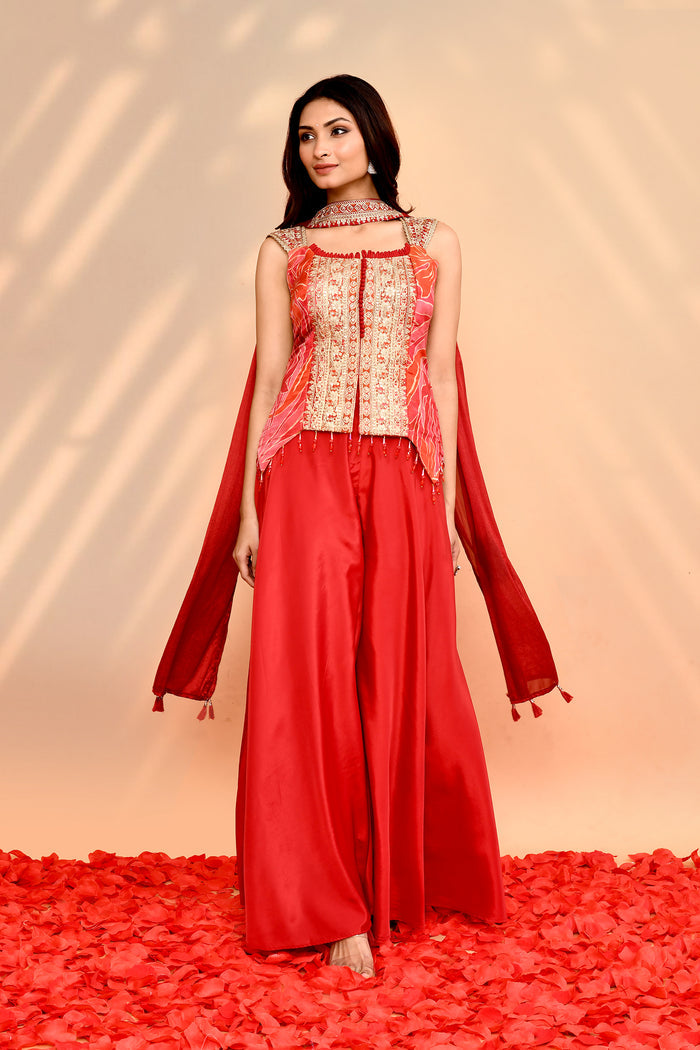 Scarlet Red Tissue Silk Indo-Western Set