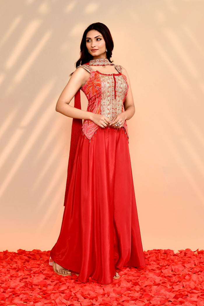 Scarlet Red Tissue Silk Indo-Western Set