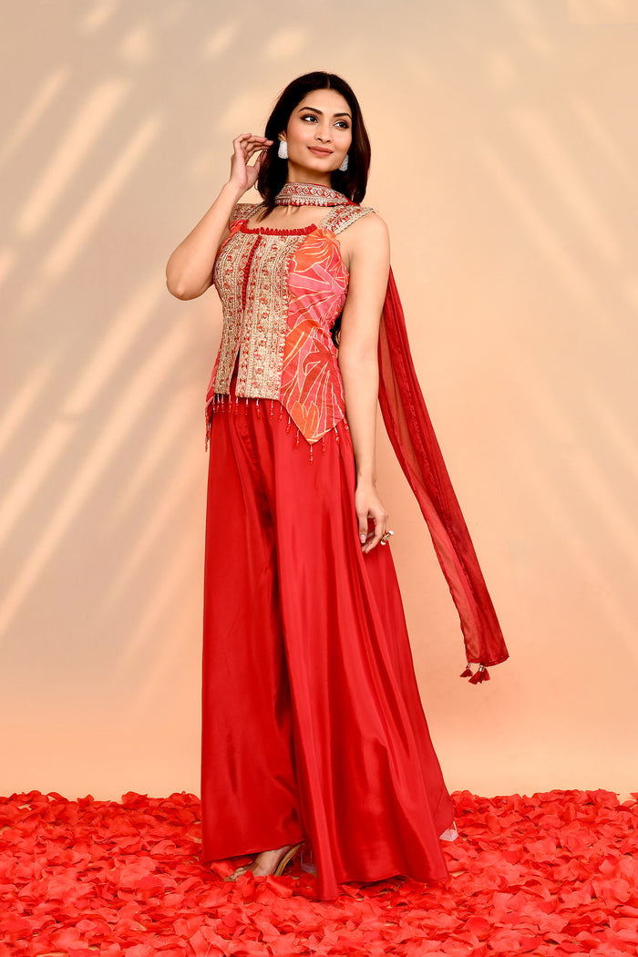 Scarlet Red Tissue Silk Indo-Western Set