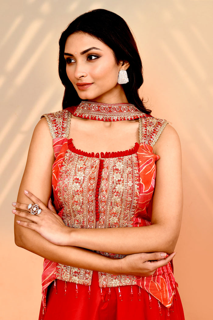 Scarlet Red Tissue Silk Indo-Western Set
