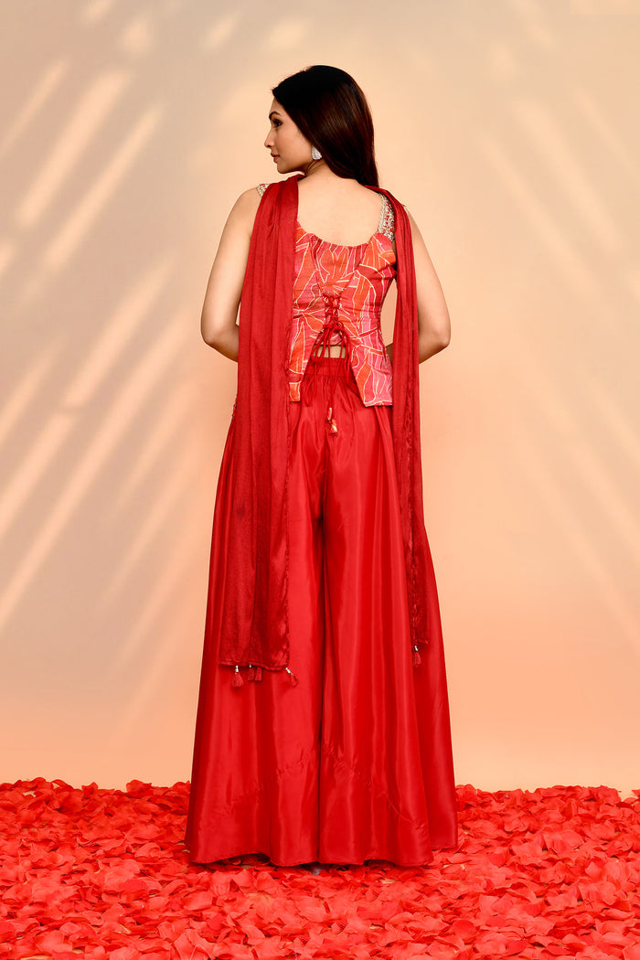 Scarlet Red Tissue Silk Indo-Western Set