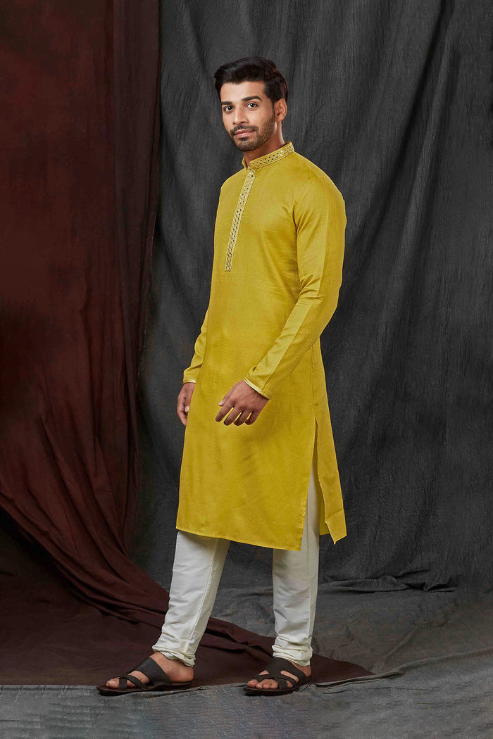 School Bus Yellow Jacquard Kurta Set With Shisha Work