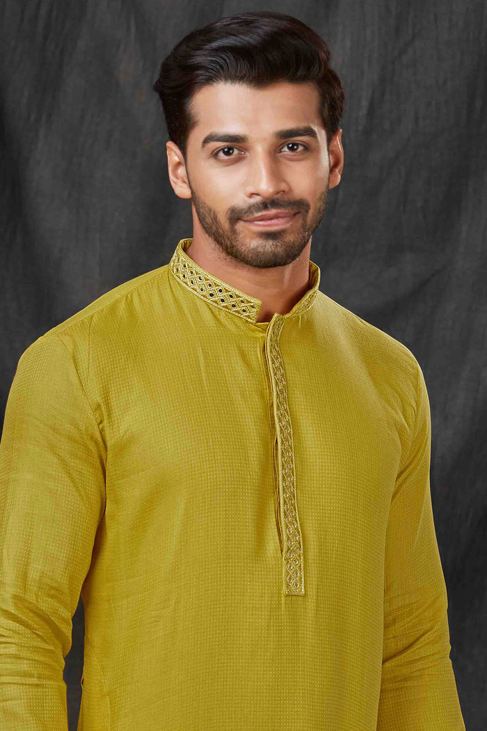 School Bus Yellow Jacquard Kurta Set With Shisha Work