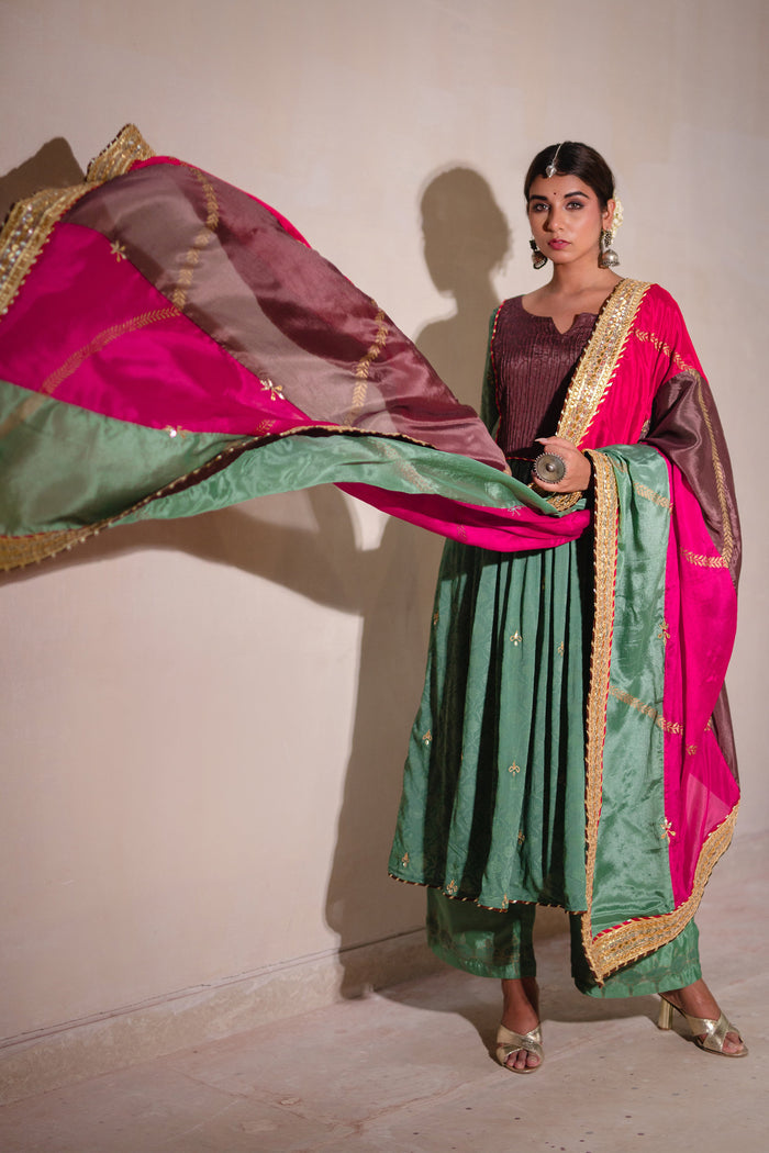 <img> Sea Green And Multicolour Chinon Suit And Palazzo Set