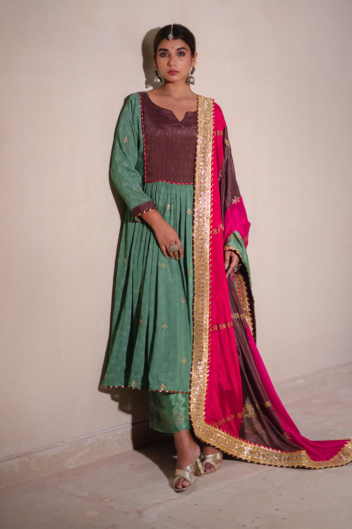 <img> Sea Green And Multicolour Chinon Suit And Palazzo Set