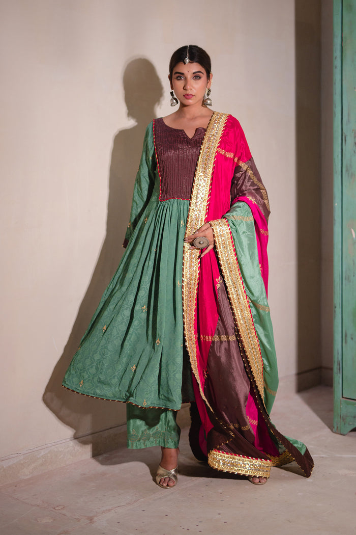 <img> Sea Green And Multicolour Chinon Suit And Palazzo Set