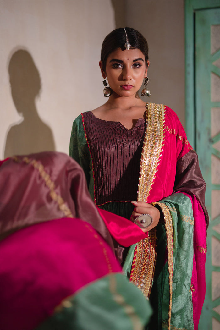 <img> Sea Green And Multicolour Chinon Suit And Palazzo Set