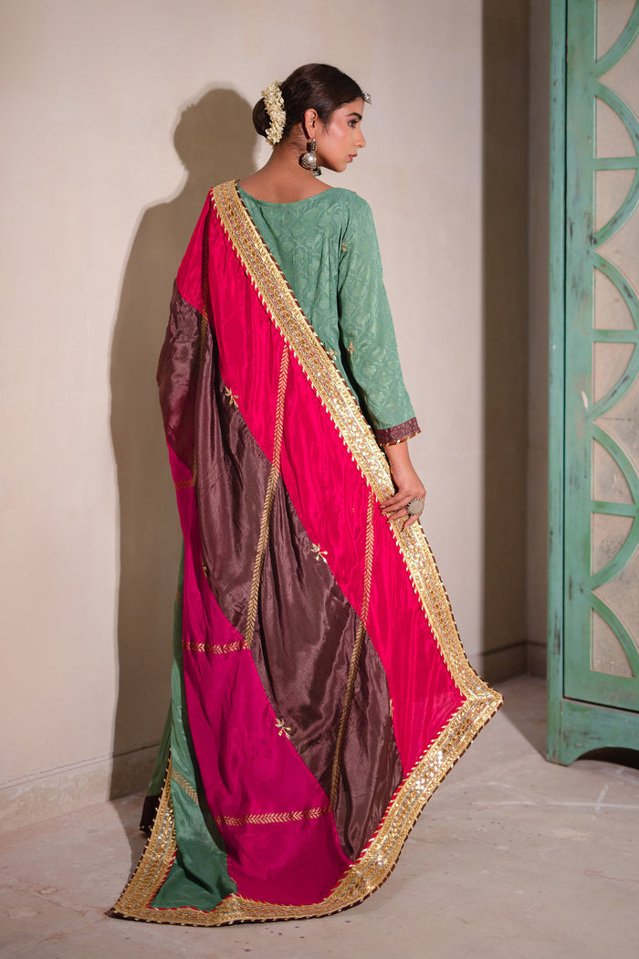 <img> Sea Green And Multicolour Chinon Suit And Palazzo Set