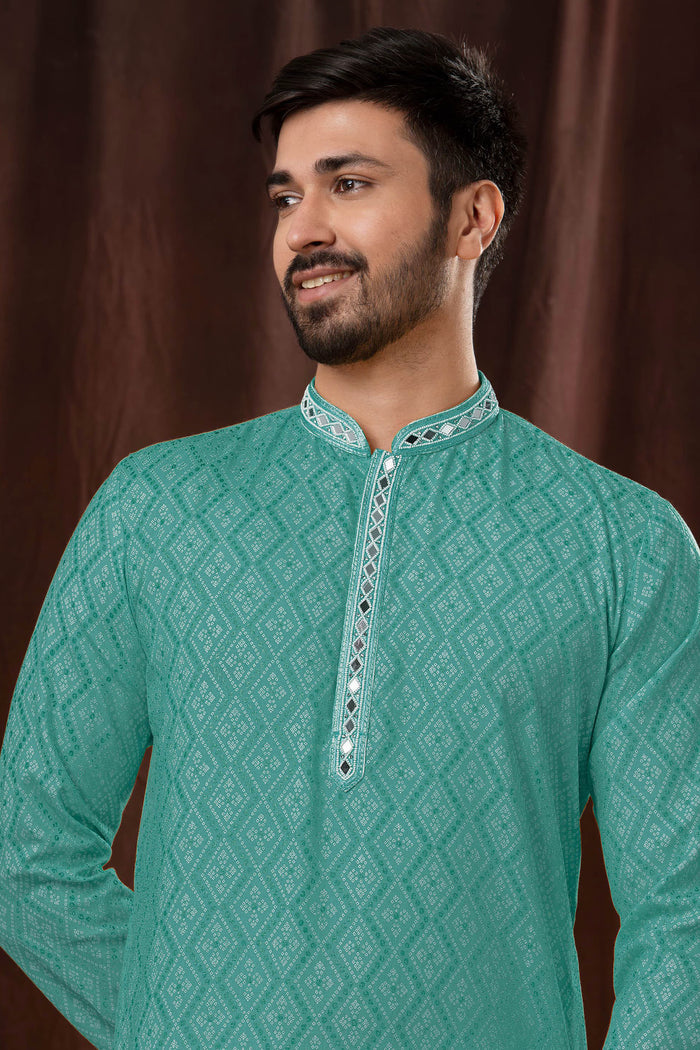 Sea Green Art Silk Kurta Set With Shisha Work