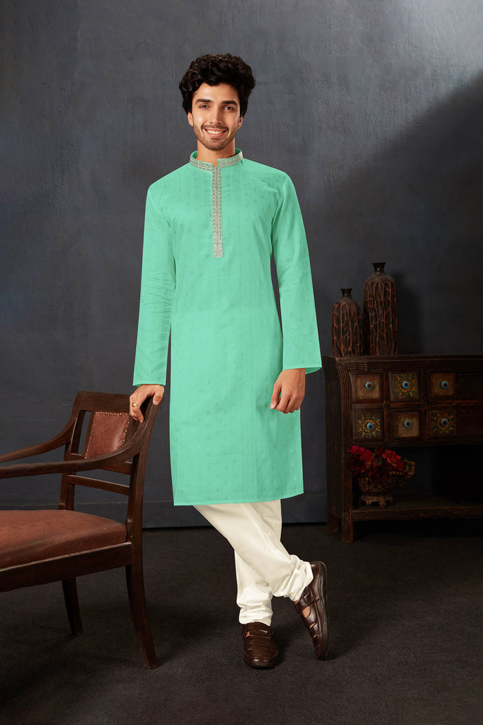 Sea Green Cotton Kurta Set With Embroidered Neck