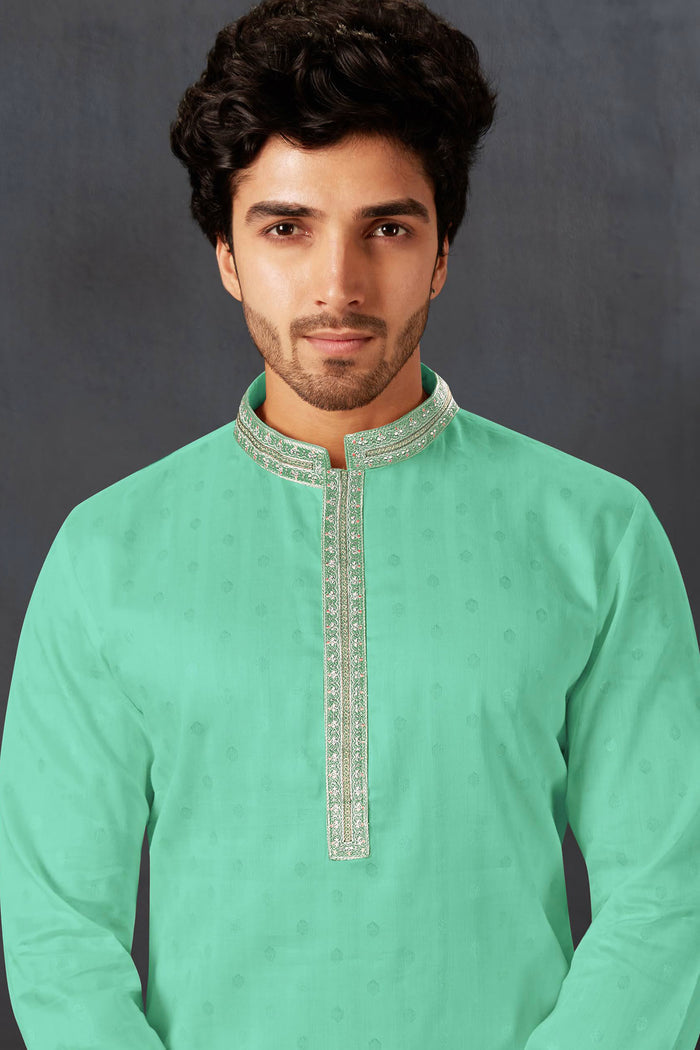 Sea Green Cotton Kurta Set With Embroidered Neck