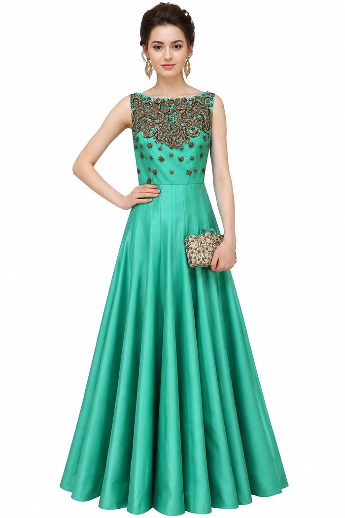 Sea Green Satin Gown With Gold Beaded Bodice