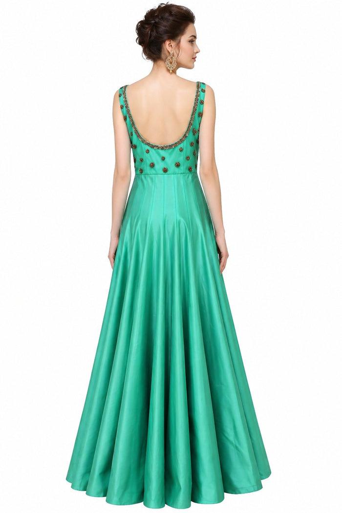 Sea Green Satin Gown With Gold Beaded Bodice