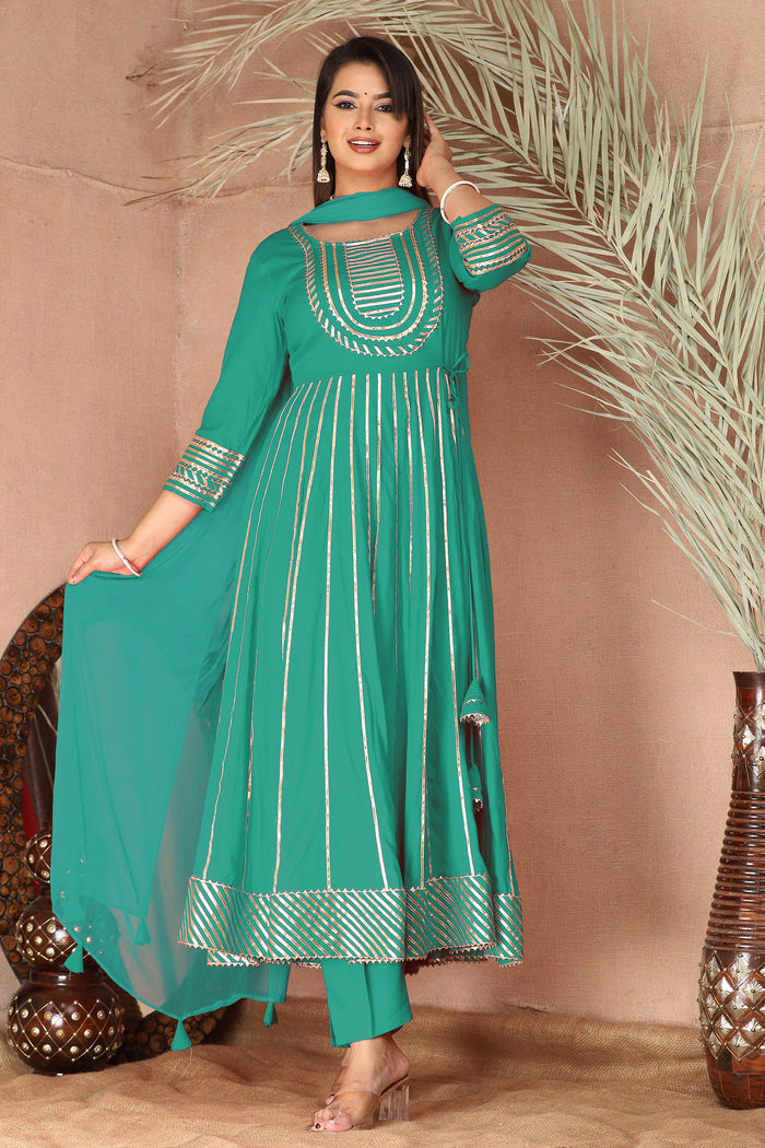 Sea Greenish Cyan Rayon Gota Work Anarkali Set