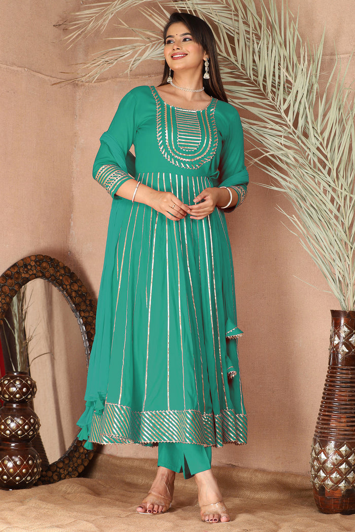 Sea Greenish Cyan Rayon Gota Work Anarkali Set
